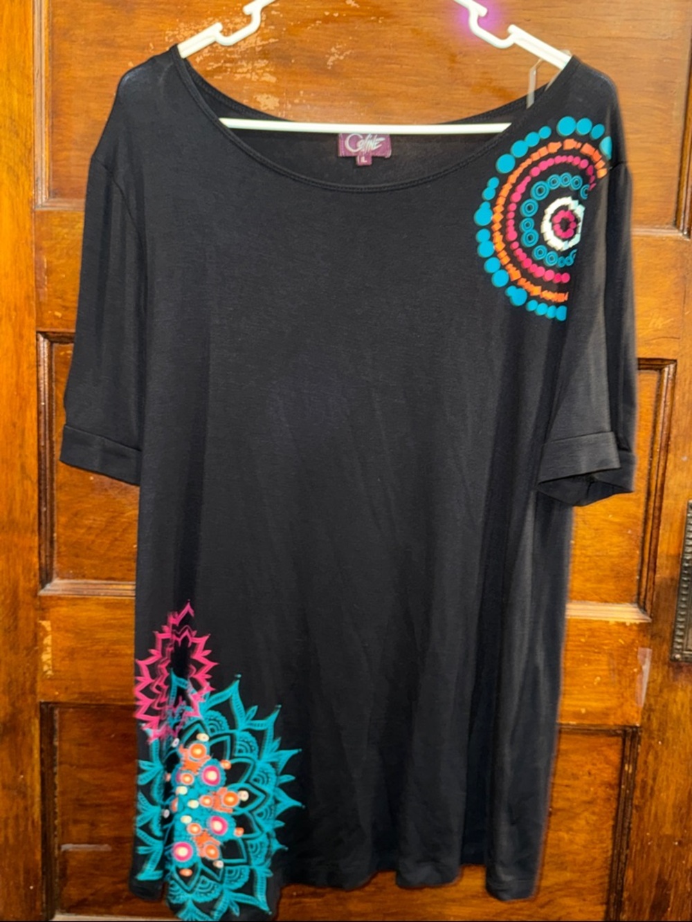 C&F Black Short-Sleeve Scoop Neck Tunic with Teal & Pink Mandala Accents